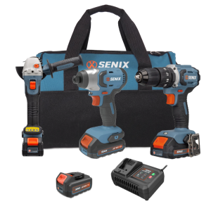SENIX - X2 3pc Power Combo: 125mm Angle Grinder, 1/4" Impact Driver, 1/2" Hammer Drill, 18V 2.0Ah Battery, 40V 4.0AH Battery and 4A Charger + carrier bag
